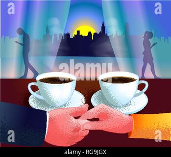 concept of live communication, abandonment of mobile as a couple sitting in a cafe and silhouettes of people walking and dependent on mobile Stock Vector