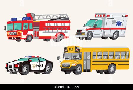 Set of Toy social Vehicles. Special Machines, police car, fire truck, ambulance, school bus, city bus. Toy Cars. Vector Illustration. Stock Vector