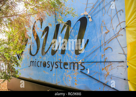 February 20, 2018 Menlo Park / CA / USA - Sun Microsystems old sign used at this moment by Facebook, who took over their former offices in Silicon Val Stock Photo