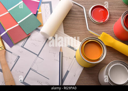 Project home decoration with open paint cans and tools. Top view. Horizontal composition. Stock Photo