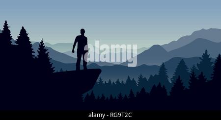 man stands on a cliff in the forest with mountain view nature landscape vector illustration EPS10 Stock Vector