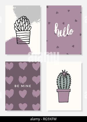 A set of four cute and modern greeting card designs with cactus and succulent potted plants in pastel purple, green, gray and white. Hand drawn vector Stock Vector