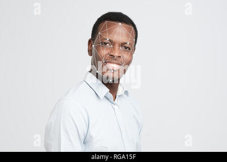 African man face and dots connect on face. Stock Photo