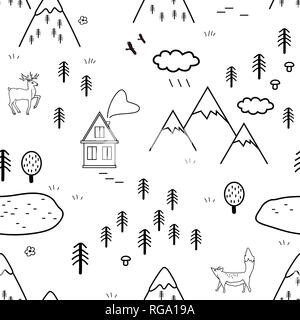 Hand drawn scandinavian landscape with animals, trees, lake, and mountains, seamless pattern. Scandinavian style traditional motifs. Vector. Stock Vector