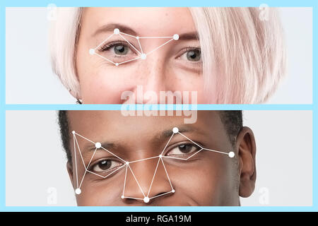 African man and european man face and dots connect on face. Stock Photo