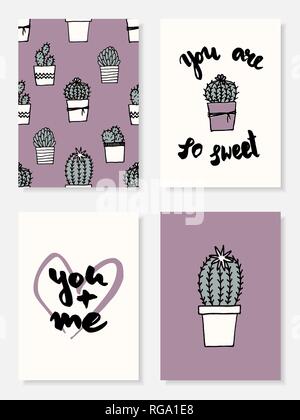 A set of four cute and modern greeting card designs with cactus and succulent potted plants in pastel purple, green, gray and white. Hand drawn vector Stock Vector