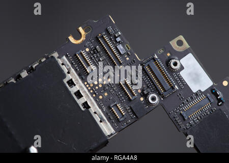 Smart phone components, circuit board of mobile cellphone, pcb, connectors Stock Photo