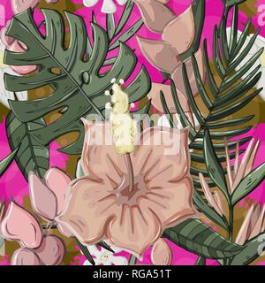 Vector Tropical seamless pattern with monstera leaves plant,hibiscus,flowers Stock Vector