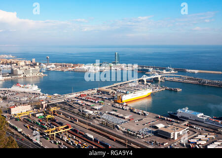 Barcelona, Spain - January 21, 2019: View from Montjuic Castle of Barcelona industrial port docked with ships Stock Photo