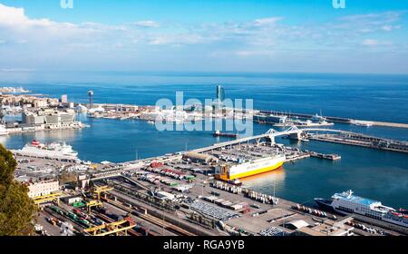 Barcelona, Spain - January 21, 2019: View from Montjuic Castle of Barcelona industrial port docked with ships Stock Photo