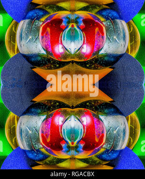 Colorful bright symmetrical abstract artistic image made from round /curved wooden,glass,metal elements Stock Photo