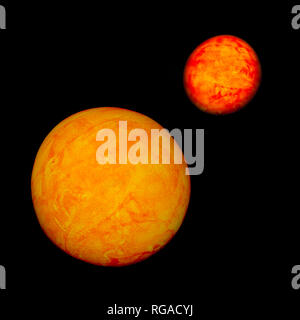 Color yellow and red fantasy abstract objects derived from a macro photo of an egg resembling planets like the Venus or a sun and Mars on black back Stock Photo