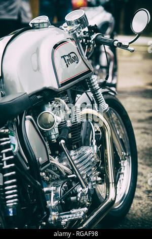Triton Café racer motorcycle. Triumph / Norton motorbike. Classic British motorcycle. Vintage filter applied Stock Photo