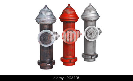 Fire alarm hydrant, isolated white background set. 3D rendering Stock Photo