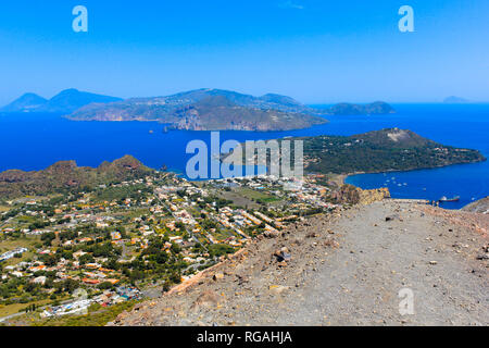 View on top of Vulcano Island to Lipari and Salina Island of the Aelian Islands, Italy on a summer day with blue sky Stock Photo
