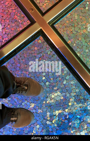 US coins displaying under glass floor at Money Museum of Federal Reserve Bank of Chicago. Illinois.USA Stock Photo