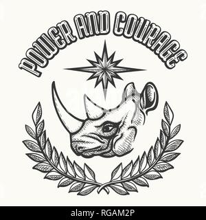 Emblem with Rhinoceros Head and laurel wreath in hand drawn style. Vector illustration. Stock Vector