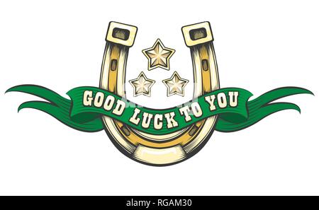 Golden horseshoe with green ribbon, stars and text Good Luck To You. Vector illustration. Stock Vector