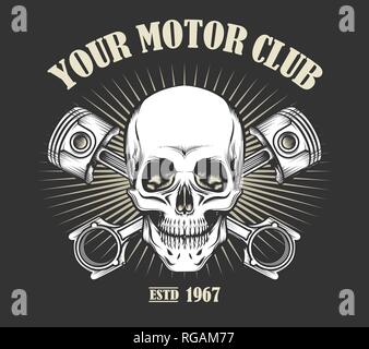 Human skull and motorcycle pistons with place for your text. Motor Club Emblem in tattoo style. Vector illustration. Stock Vector