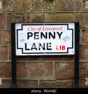 Penny Lane in Liverpool, England. The street sign is one of the stops on the Beatles-related sightseeing tours of the city. Stock Photo