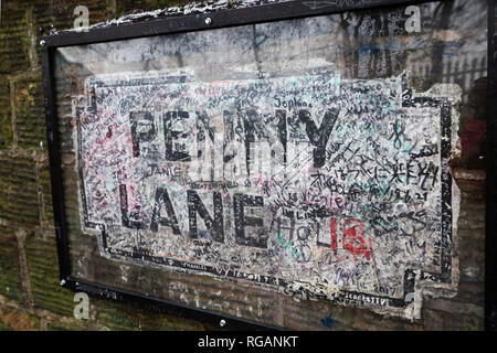 Penny Lane sign in Liverpool, England. The sign is a stop on Beatles sightseeing tours of the city. Stock Photo