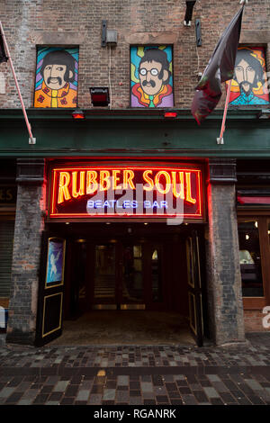 Exterior of the Rubber Soul Beatles Bar in Liverpool, England. The bar is on Mathew Street. Stock Photo