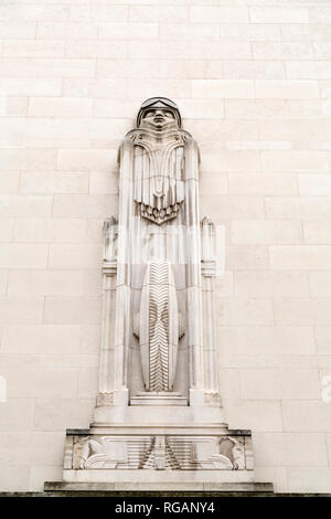 Art Deco sculpture on the Georges Dock Building in Liverpool, England. The building was built as part of the Mersey Tunnel (Queensway Tunnel). Stock Photo