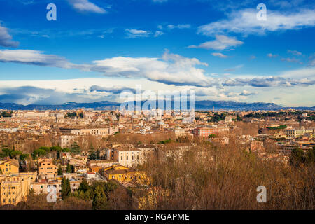 View of Rome historic center skyline from Gianicolo Hil (Janiculum), with beautiful clouds Stock Photo