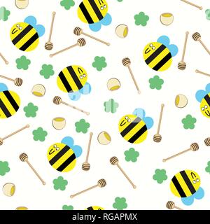 Happy bee flying around the combs and honey pots seamless pattern Stock Vector
