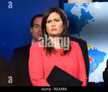 White House Press Secretary Sarah Sanders in the White House Press Briefing room at the White House in Washington, DC. Stock Photo