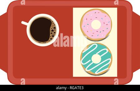 Glazed donuts and a cup of coffee in red tray vector icon Stock Vector