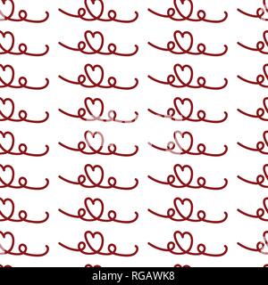 Vector Hand drawn doodle heart line repeat seamless pattern. Pencil scribble sketch pattern . Red lines on white background. Stock Vector