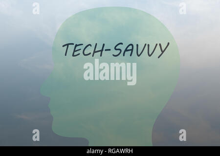 Render illustration of TECH-SAVVY script on head silhouette, with cloudy sky as a background. Stock Photo