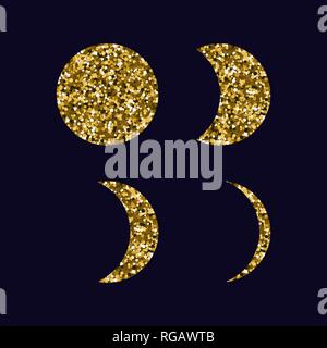 Moon phases. Icons set. Dark background. Gold sequins Vector illustration. Stock Vector