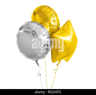 three gold and silver helium balloons on white Stock Photo