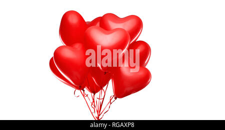 red heart shaped helium balloons on white Stock Photo