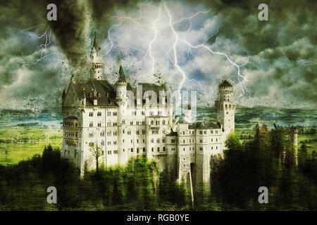 Neuschwanstein castle during the heavy storm, rain and lighting in Germany. Creative picture. Stock Photo