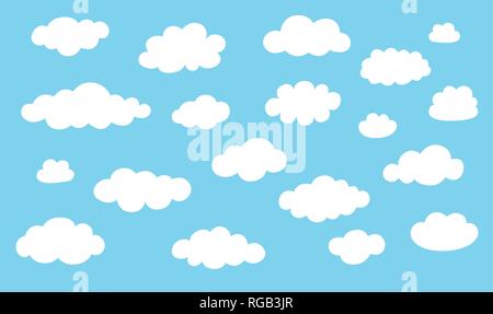 Collection cloud icons. White clouds isolated on blue color background. Stock Vector