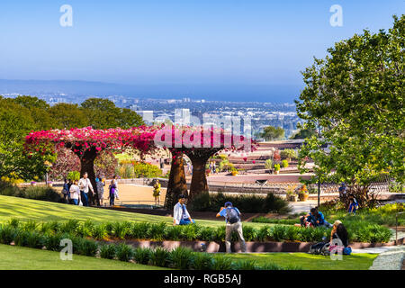 June 8, 2018 Los Angeles / CA / USA - People visiting Robert Irwin's Central Garden at the Getty Center; Santa Monica and the Pacific Ocean coastline  Stock Photo