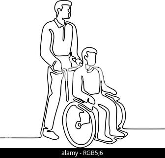 Continuous line illustration of a hospital patient or disable person with handicap sitting or being push on wheelcahir by a male nurse done in monolin Stock Vector