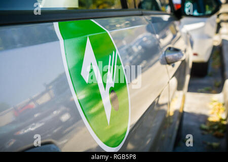 June 16, 2018 San Jose / CA / USA - Zipcar logo on one of the company's rental cars; south San Francisco bay area