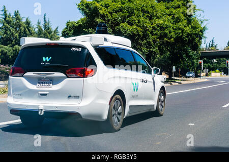 June 30, 2018 Mountain View / CA / USA - Waymo self driving car driving on a street in Silicon Valley, south San Francisco bay area Stock Photo