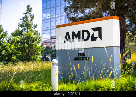 July 31, 2018 Santa Clara / CA / USA - AMD logo at the entrance to the offices located in Silicon Valley, south San Francisco bay area Stock Photo