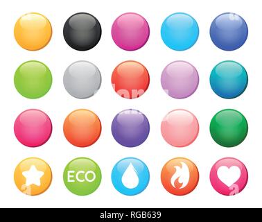 Set of colorful round button icons. Vector design elements with examples on transparent white background. Stock Vector