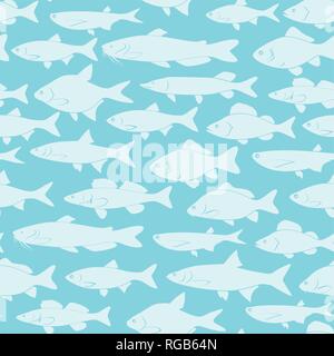 Vector silhouettes of river fishes - Textile Print or background with Seamless pattern for fishing web site. Stock Vector