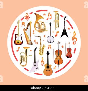 Musical instruments on round shape - Vector illustration. Stock Vector