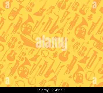 Vector musical instruments on golden seamless pattern for wrapper, web site design or banners. Stock Vector