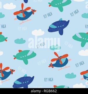 Seamless pattern of cute helicopter, airplane, cloud and text Fly High. Vector Illustration. Stock Vector
