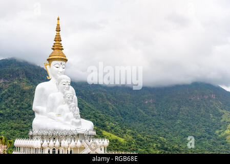 Buddha statue has large white five body on mountain surrounded by nature with cloud fog cover at Wat Phra That Pha Sorn Kaew Temple is a tourist attra Stock Photo