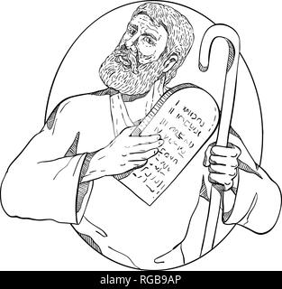 Drawing sketch style illustration of Moses, a prophet in the Abrahamic religions holding the Ten Commandments tablet and his staff . Stock Vector